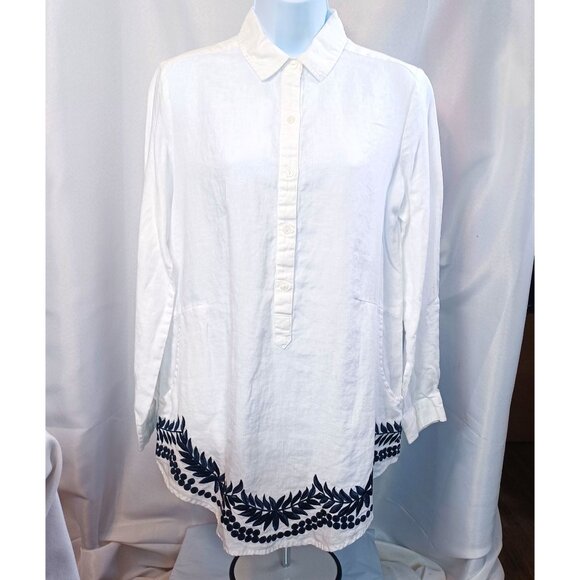 Peck & Peck White Linen Tunic Blouse With Navy Embroidery Button Front Long Slee - Picture 1 of 7